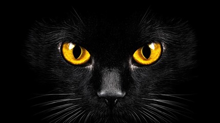 Striking close-up of a black cat with vibrant yellow eyes, set against a dark background.