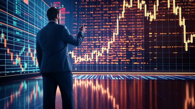 Businessman pointing growing stock market data on a digital screen with futuristic software interface 3D financial market chart screen displaying additional video 4k