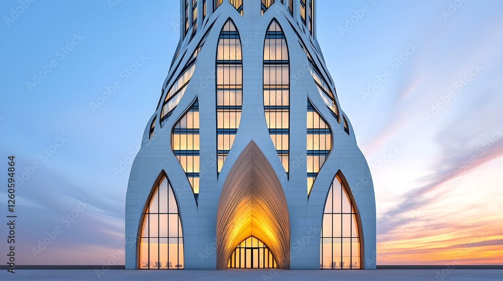 Poster a stunning modern architectural structure with intricate design and large windows, illuminated again