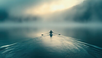 Lone rower propels through tranquil misty waterscape at sunrise