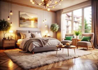 Fototapeta premium Cozy Sustainable Bedroom: Soft Textures & Upcycled Furniture in a Modern Home