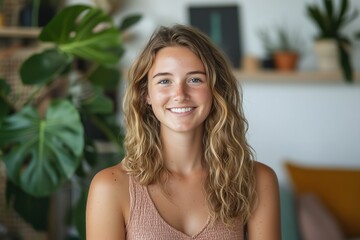 Fototapeta premium Portrait of a beautiful young woman with long blonde hair, smiling confidently indoors, surrounded by houseplants, conveying natural beauty, wellness, and a positive lifestyle.