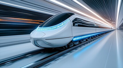 Fototapeta premium Futuristic train speeding through a modern tunnel with dynamic lighting and sleek design, showcasing advancements in transportation technology.