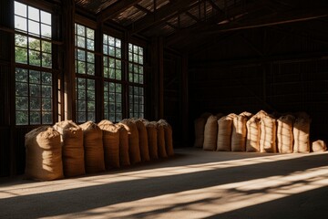 Burlap sacks in a dark, old warehouse, filled with cargo, and light rays in the back