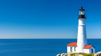 Fototapeta premium A bright lighthouse stands on rocky shores, overlooking a calm sea under a clear blue sky, symbolizing guidance and safety.