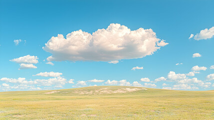 Obraz premium Sunny day, vast grassland, single cloud, clear blue sky, nature background