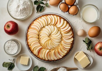 Freshly Baked Apple Tart with Sliced Apples and Baking Ingredients on a White Kitchen Countertop