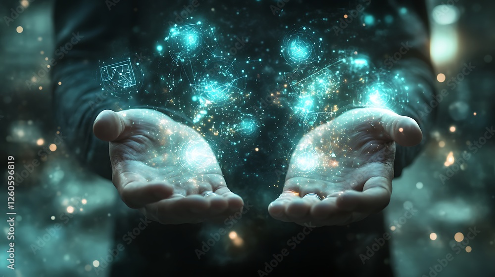 Poster digital innovation with tablet and glowing icons, a person holding a tablet with glowing digital ico