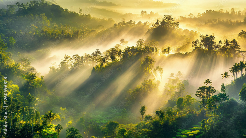 Aufkleber fog envelops a dense forest as sunlight breaks through the treetops, creating a serene atmosphere in