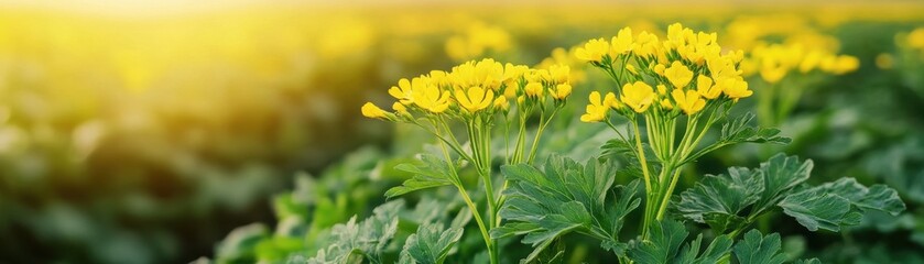 Fototapeta premium A vibrant field of yellow flowers basking in sunlight, symbolizing nature's beauty and the joy of blooming flora.