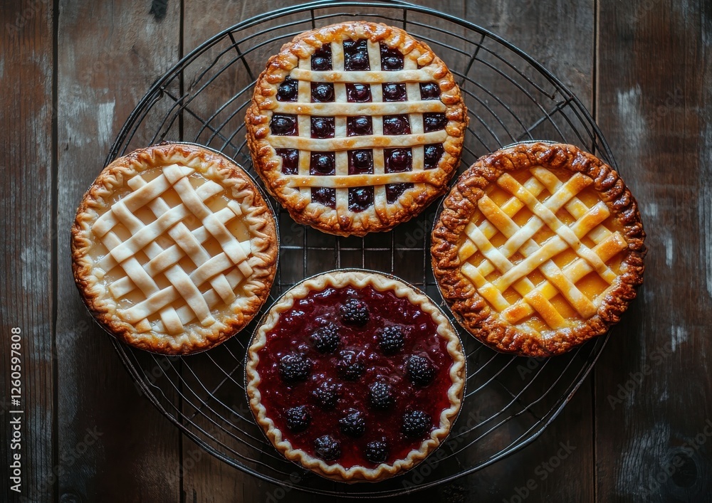 Poster freshly baked fruit pies in a rustic display with lattice crusts and colorful fillings on a wooden b