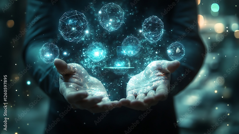 Poster digital innovation with tablet and glowing icons, a person holding a tablet with glowing digital ico