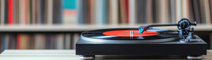 Fototapeta premium A vintage turntable playing a record, surrounded by a collection of vinyl albums in a cozy atmosphere.