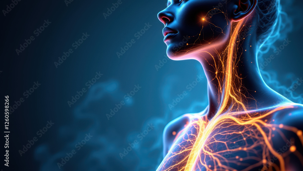 Poster vagus nerve stimulation - illustration of a human head with highlighted neural pathways representing