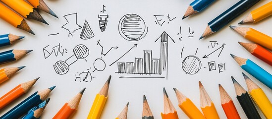 Colorful pencils arranged around a sketch of graphs and shapes on a white background, illustrating creativity and design