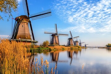 Naklejka premium Sunny Day with Iconic Windmills in Holland