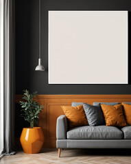 Frame mockup. Living room wall poster mockup. Interior mockup with house background. Modern interior design. 3D render. Orange color