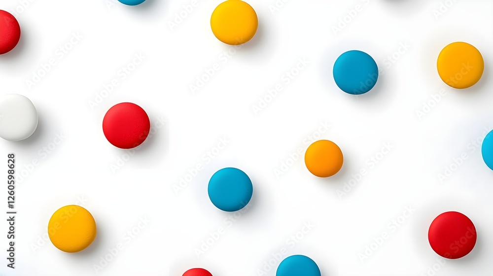 Poster colorful round objects scattered on a white surface, creating a vibrant and playful aesthetic.