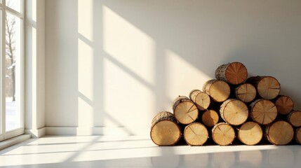 Sunlight Illuminates a Stack of Wooden Logs in a Minimalist Room with Large Window