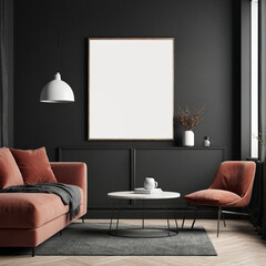 Frame mockup. Living room wall poster mockup. Interior mockup with house background. Modern interior design. 3D render. Maroon color