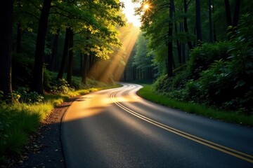 Obraz premium Serene Sunrise Illuminates Winding Forest Road, Golden Rays Filtering Through Lush Canopy