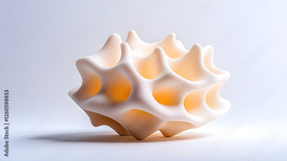 Poster intricate 3d-printed shell design with a unique texture and hollow structure, illuminated for a stri