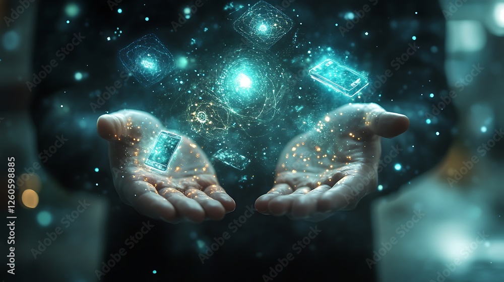 Poster digital innovation with tablet and glowing icons, a person holding a tablet with glowing digital ico