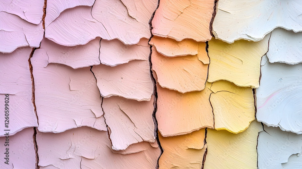 Poster textured wall with peeling paint in gradient shades from pink to yellow, creating an abstract and co