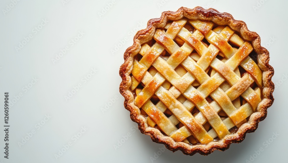 Poster freshly baked lattice top apple pie with golden crust on simple background ready for serving and sha