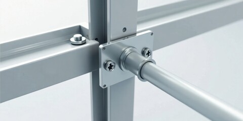 Close-up view of a meticulously engineered metal framework, showcasing precision-machined components and robust bolted connections.  The image highlights industrial design and structural integrity.
