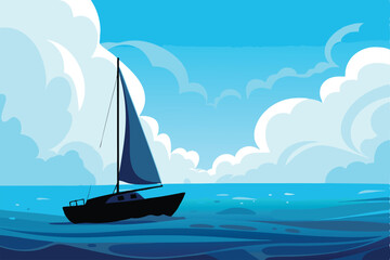 A lone sailboat gracefully sails across a calm, open sea under a partly cloudy sky; gentle waves lap against its hull.