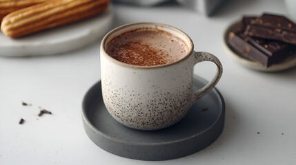 Warm cup of cocoa with sweets, treats, and delicious extras laid on a clean white table