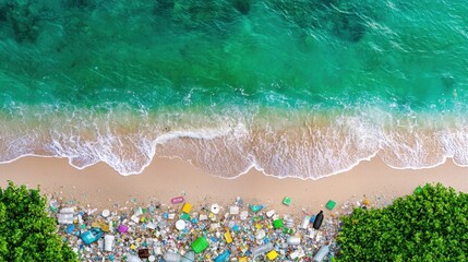 Fototapeta premium Littered Beach Shoreline with Plastic Waste and Clear Blue Water