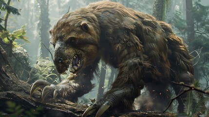The Giant Ground Sloth, an ancient herbivore from the Ice Age, was a massive, slow-moving mammal that could grow up to 20 feet long and weigh over 4 tons. Covered in thick fur with long, curved claws 