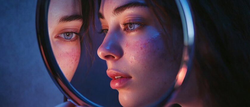 Close-up Image of Woman with Acne Problem Looking in Mirror