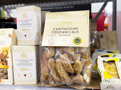 Cantuccini toscani igp almond biscuits on store shelf