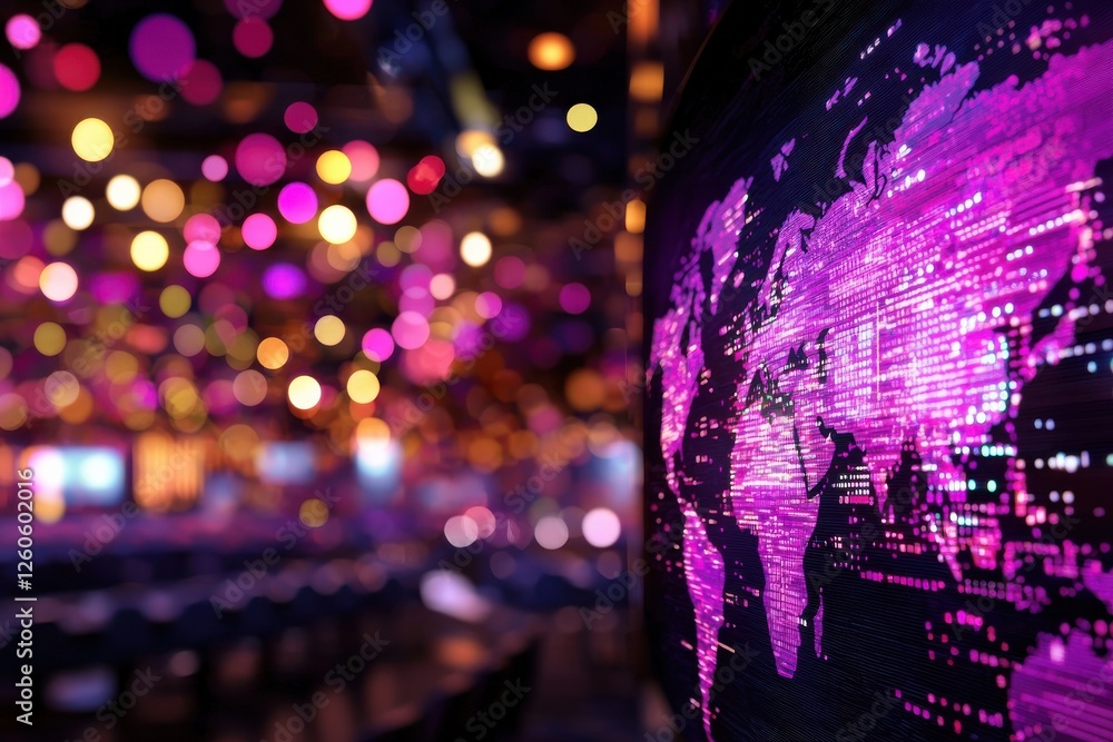 Aufkleber a vibrant, illuminated world map in purple hues, set against a backdrop of colorful bokeh lights, cr