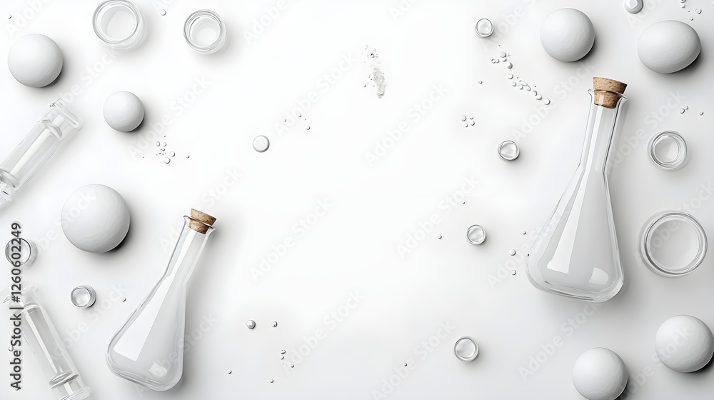 Poster laboratory glassware arranged on a white background, surrounded by bubbles and spheres, creating a c