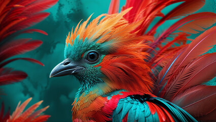 Obraz premium Close up of exotic bird with vivid orange and green feathers detailed plumage and sharp gaze