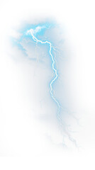 Powerful lightning bolt in dark sky with dramatic clouds, isolated on transparent background in PNG