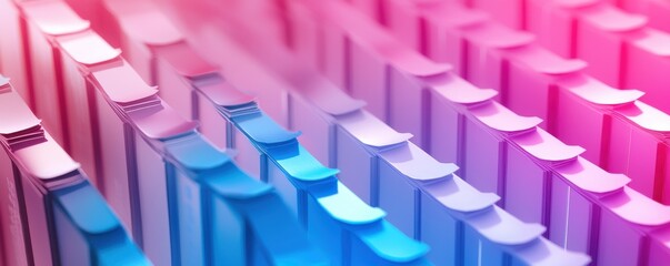 Obraz premium A vibrant arrangement of books in gradient colors, showcasing shades of pink and blue, creating a visually appealing pattern.