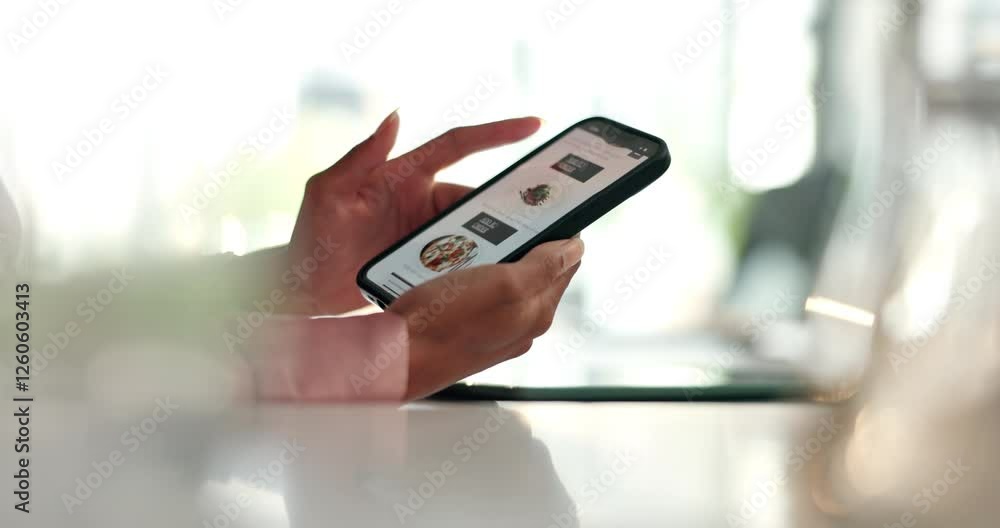 Poster Hands, phone screen and food on delivery app at office with order, choice and scroll with ui for lunch. Person, smartphone and user experience with interface, easy payment and checkout on web store