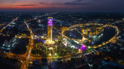 Aerial view  Roi et tower or Vote Tower 101 and  Bung Plan Chai  This park in the middle of Roi...