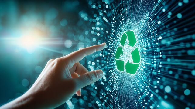 hand reaching out to touch glowing green recycling symbol amidst digital background, symbolizing sustainability and technology