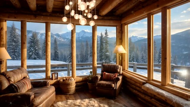 winter scenery seen from inside the window of a wooden house