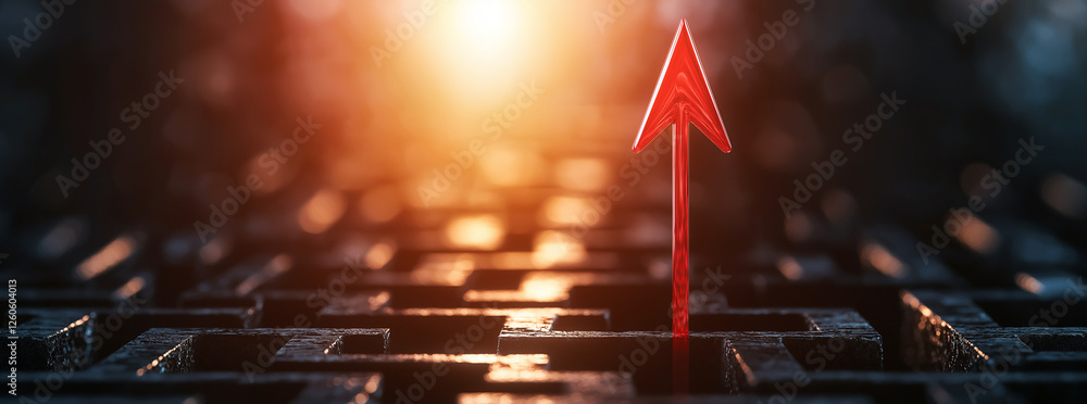 Poster red arrow points upward through dark maze, symbolizing direction and hope. warm light in background 