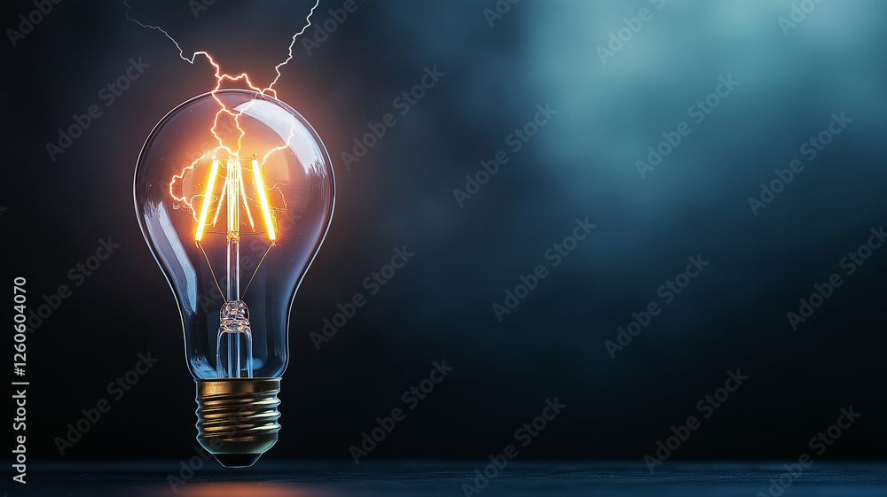 Poster glowing electric light bulb with visible lightning and thunder effects, showcasing energy and illumi