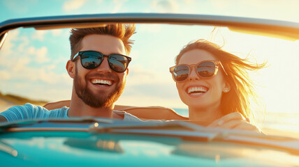 Naklejka premium young happy couple enjoys sunny drive along beach in convertible car, radiating joy and excitement. warm sunlight enhances their smiles and carefree spirit