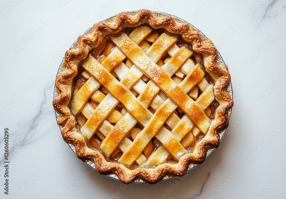 Aufkleber homemade apple pie with golden crust and lattice design placed on a marble surface ready to be serve