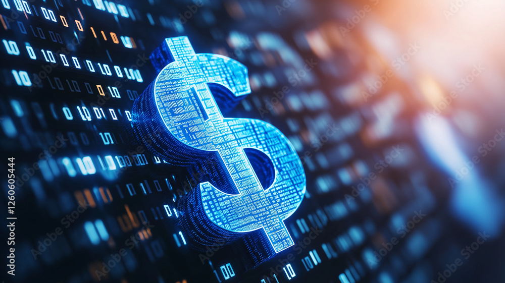 Poster digital dollar sign glowing on binary background, symbolizing finance and technology. this captures 
